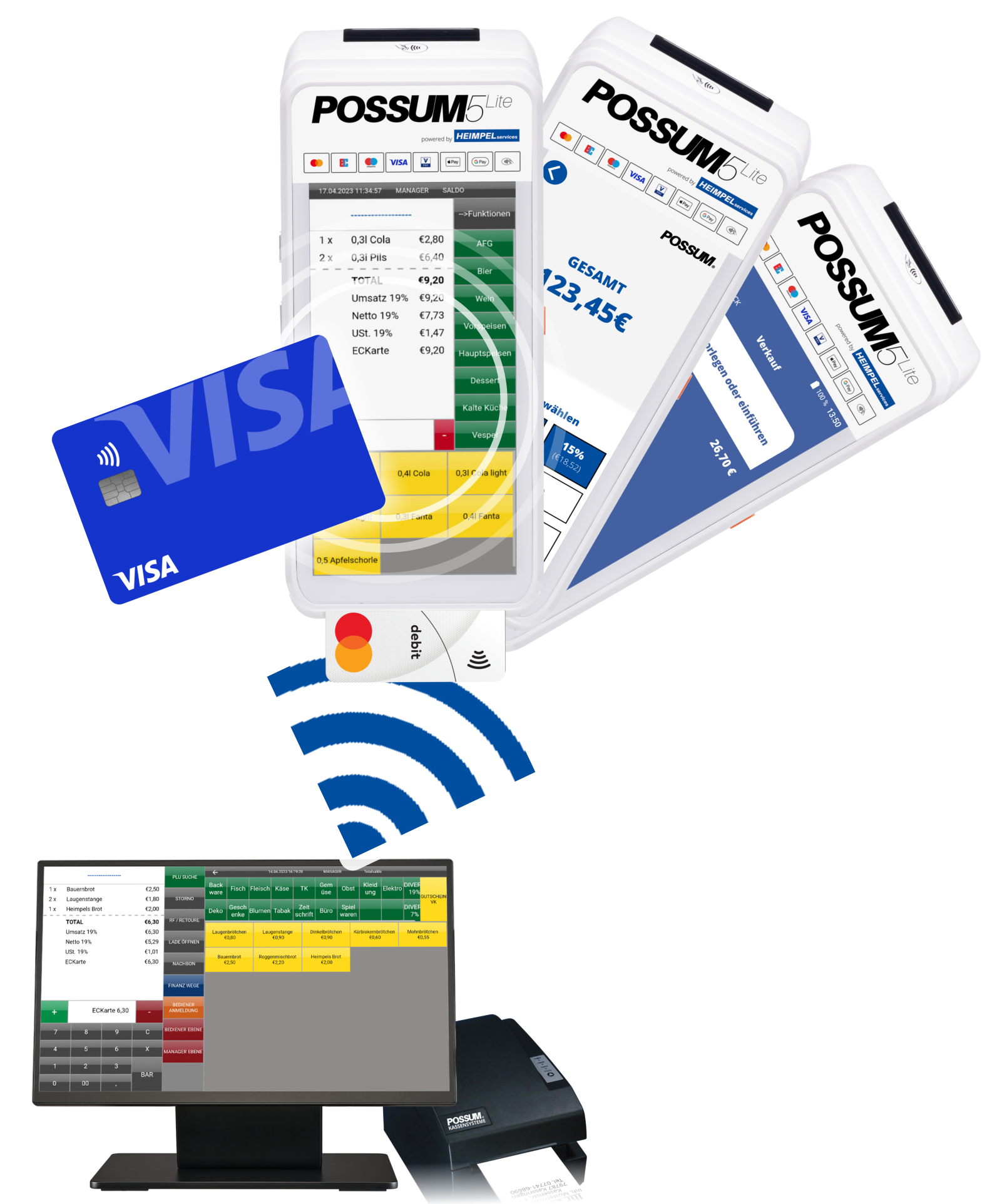 HEGA7116 All-in-One-Kassensystem Verbund mit mobilen Kassensystemen ohne Bullet Points BANNER mit Mastercard und Visa Debitkarten Kreditkarten