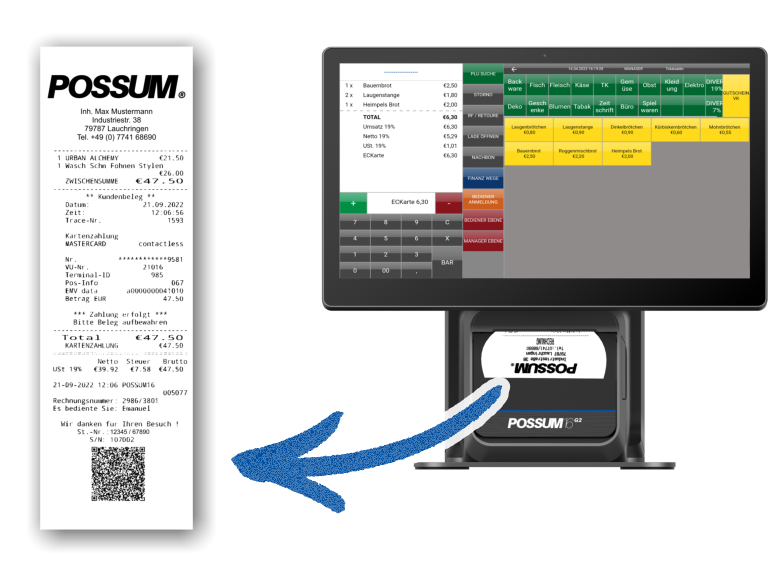 TSE Kassensystem mit QR-Code Beleg Rechnung Funktion POSSUM16 G2 (2026)